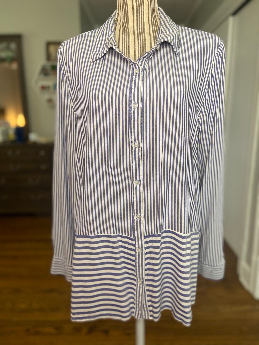 Christopher & Banks blue/white ticking stripe button front long sleeve blouse